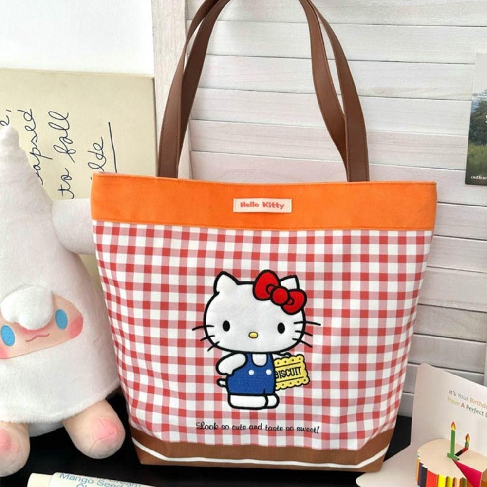 กระเป๋าโท้ต BASTIBAG, กระเป๋าสะพายลายการ์ตูน Kuromi โพลีเอสเตอร์, กระเป๋าถือนักเรียนสีตัดกันลายสก๊อตความจุขนาดใหญ่ Kawaii