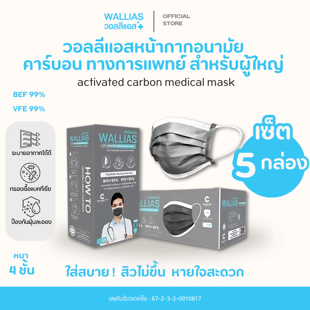 [แบบ เซ็ต 5,10 กล่อง] หน้ากากอนามัยคาร์บอน wallias Activated Carbon Medical Mask หนา 4 ชั้น