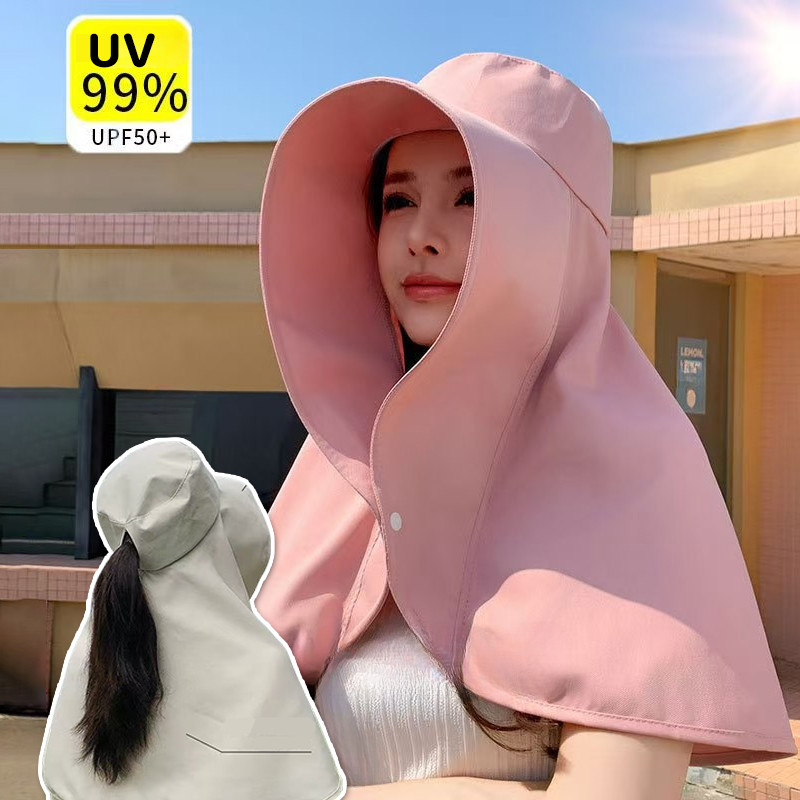 หมวกกันแดดแฟชั่น พร้อมม่านบังแดดและผ้าคลุมไหล่ ป้องกันรังสี UV ผิวขาวขึ้น เหมาะสำหรับผู้หญิงเดินทาง