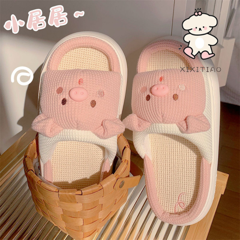 Xixitiao Four Seasons Universal Soft หนา-Soled รองเท้าแตะผ้าลินินน่ารัก Piggy Home รองเท้าแตะ