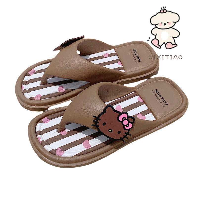 Xitiao ฮาวาย Influencer หวานหนังสีดํา kitty Cat Seaside Flip-Flops หญิงฤดูร้อนน่ารัก ins แบน Flip-Flops รองเท้าแตะรองเท้าแตะ