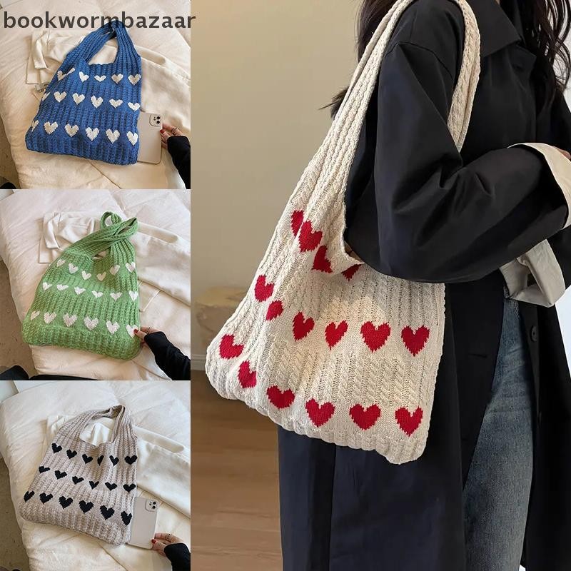 [BOK] Love Heart Graphic ถัก Tote Bag แฟชั่นทอกระเป๋าสะพายความงามโครเชต์กระเป๋าสําหรับผู้หญิง [TH]