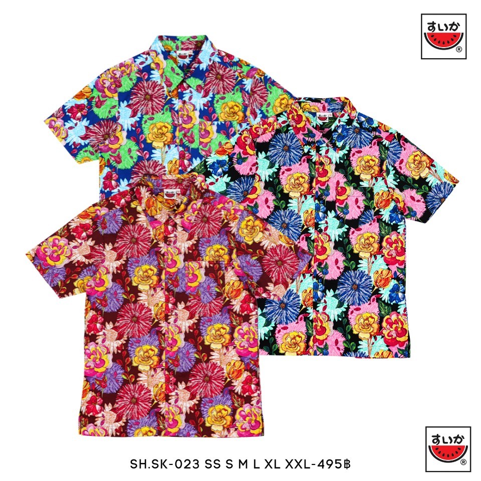 แตงโม (SUIKA) - เสื้อเชิ๊ตผ่าหน้าตลอดลายดอกไม้ สีดำ สีน้ำเงิน สีไวน์ (SH.SK-023) สงกรานต์
