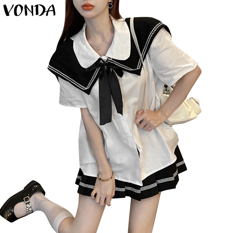 Vonda ผู้หญิงเกาหลีสไตล์วิทยาลัยกองทัพเรือคอปก Bowknot Contrast Patchwork Pleats ชุดสองชิ้น