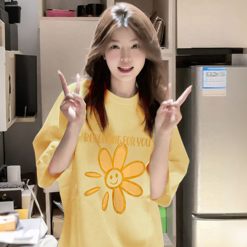 COD✅ (จัดส่งในกรุงเทพฯ) MAO Shop 奶黄色纯棉短袖女装t恤夏季半袖2025新款宽松韩系上衣多巴胺穿搭