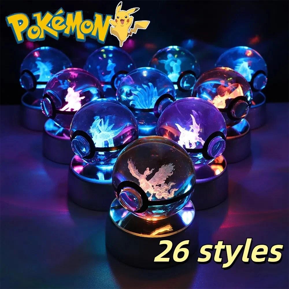 Pokemon 3D คริสตัลบอล Pikachu Gengar Eevee Mewtwo อะนิเมะเกม Pokeball Led Night Light ฐานเด็กของขวัญวันเกิดตกแต่งบ้าน