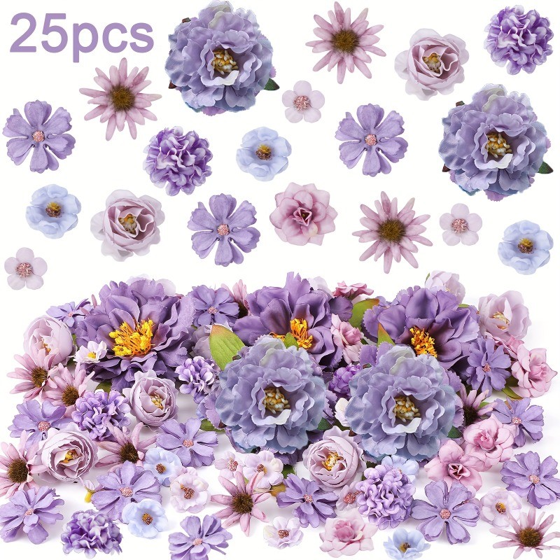 24 ชิ้น 4 ซม.สีม่วงประดิษฐ์ Rose Daisy Peony ดอกไม้หัวผ้าไหมดอกไม้ปลอมสําหรับ Home Room งานแต่งงาน Decor Craft พวงหรีดของขวัญ