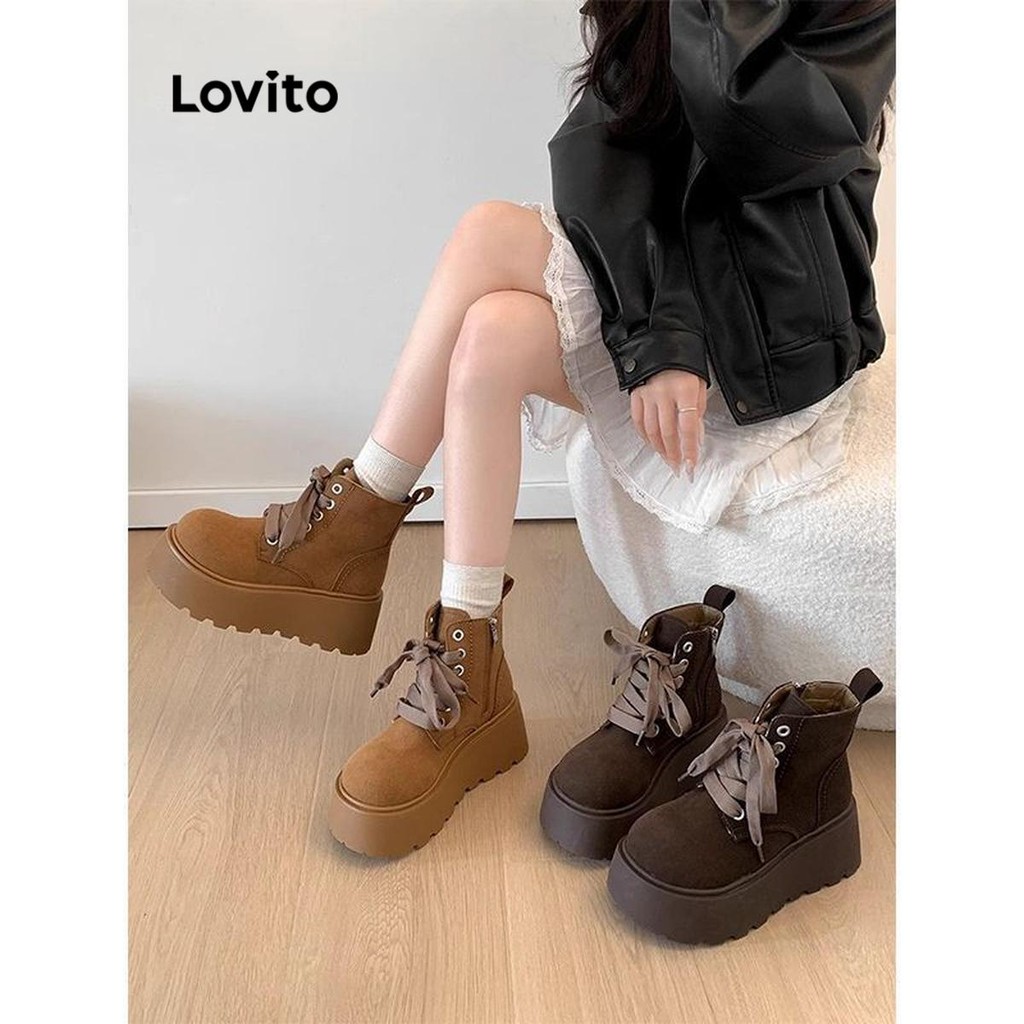 Lovito วินเทจวินเทจสีพื้นกลางหลอด Maillard อเนกประสงค์กระโปรงหนา Soled Martin รองเท้าแฟชั่น Boot สําหรับผู้หญิง  LFA60393