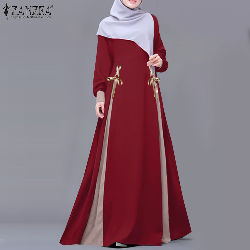 Zanzea ผู้หญิงมุสลิม Elegant โคมไฟแขน Lace Up Design Maxi Contrast Dresses