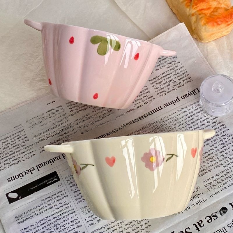 ชามซุปหูคู่ครัวเรือน เคลือบด้านล่าง สีชามเซรามิกสาวน่ารักหอพักชามบะหมี่กึ่งสําเร็จรูปที่มีมูลค่าสูงบนโต๊ะอาหารฝรั่งเศส - รูปที่ 3