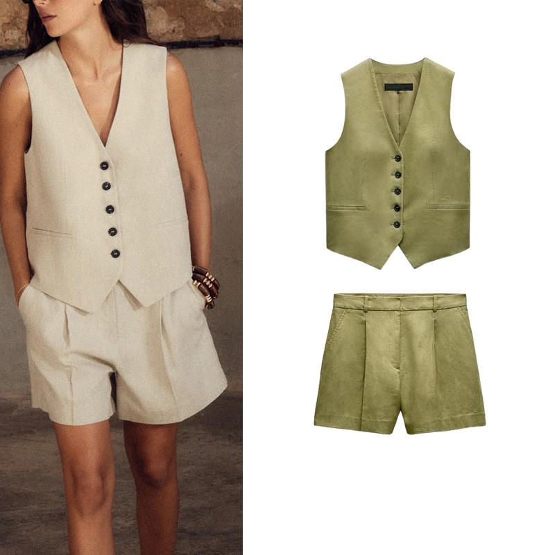 เสื้อกั๊ก Zara Linen Blended9929521 กางเกงขาสั้นเอวสูง9929421