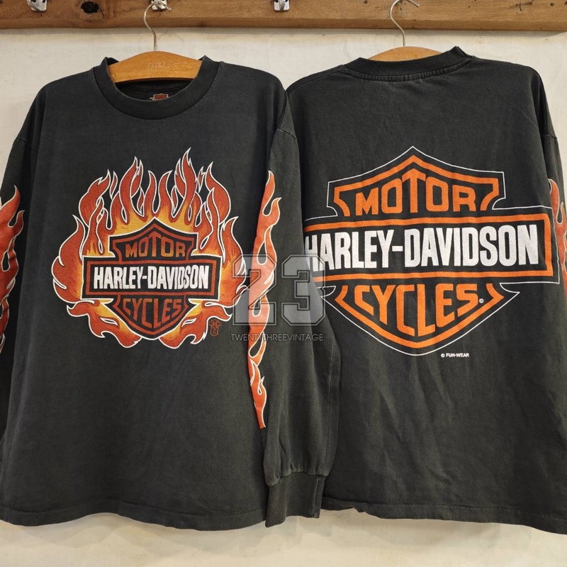 [ 23 ] HARLEY-DAVIDSON FireArmSleeve Bio Washed LongSleeve tag USA เสื้อวินเทจ เสื้อทริป ฮาร์เลย์  vintage shirt