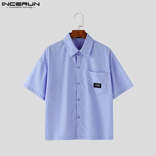 INCERUN เสื้อเชิ้ตพิมพ์ลายลายทางลําลองสไตล์เกาหลีสําหรับผู้ชาย (เนคไทไม่มี)