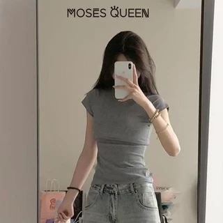< MOSESQUEEN > เสื้อยืดไหล่ยืดหยุ่นสําหรับผู้หญิงในช่วงฤดูร้อนสลิมฟิตเอวหยิกแขนสั้นรอบคอด้านบนเสื้อผ้าสาวเลดี้ #62126