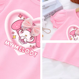 เสื้อยืดเด็กผู้หญิง Kuromi3D โบว์พัฟแขนเสื้อ GOTS ได้รับการรับรองผ้าฝ้ายอินทรีย์ Princess Tee