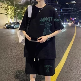 สูทผู้ชายพิมพ์ลาย เสื้อยืดคอกลม แขนสั้น+กางเกงขาสั้น ผ้าวาฟเฟิล ลายหมี ผ้านุ่ม ใส่สบาย