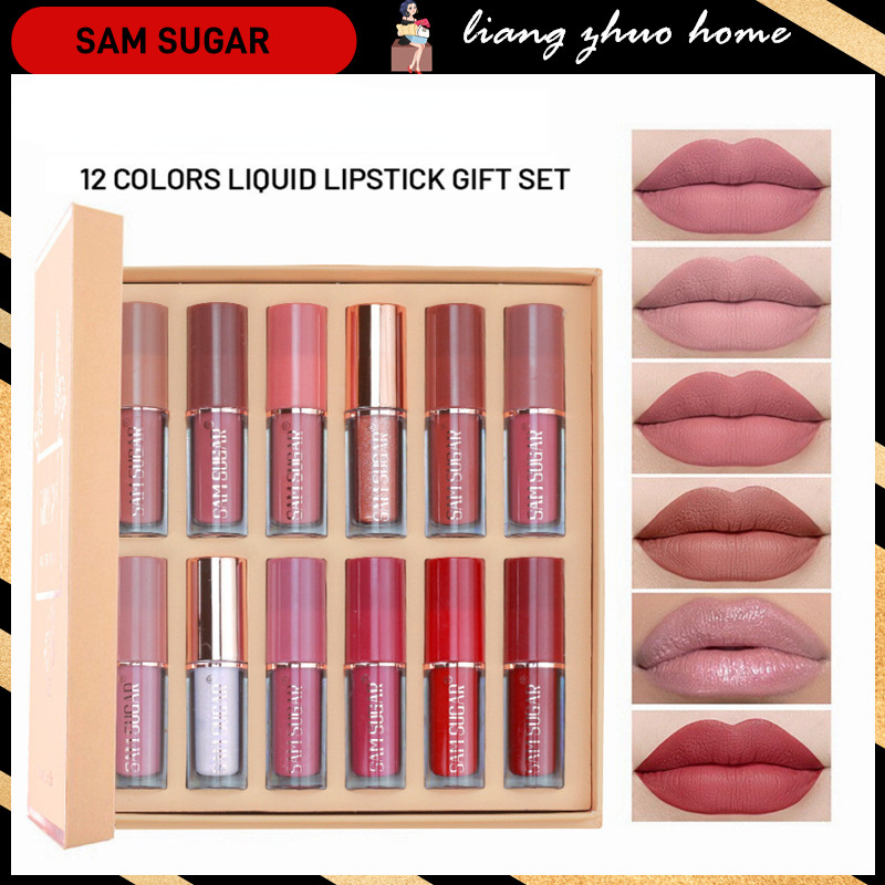 Sam SUGAR ชุดลิปสติก ลิปกลอส เนื้อแมตต์กํามะหยี่ กันน้ํา ติดทนนาน เครื่องสําอาง สําหรับผู้หญิง 12 ชิ้น ต่อกล่อง