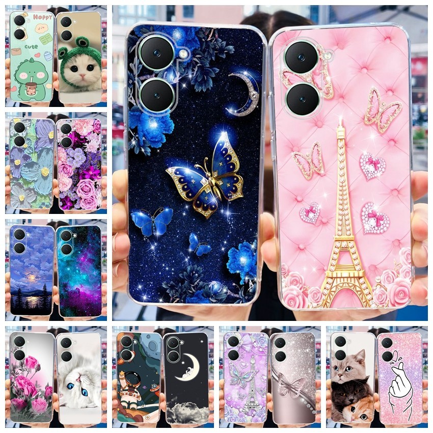 Vivo Y18 Y18e น่ารักไดโนเสาร์แมวทาสีเคสโทรศัพท์ VivoY18 Y 18 18e 4G 2024 ซิลิโคนอ่อนนุ่ม TPU กรณี