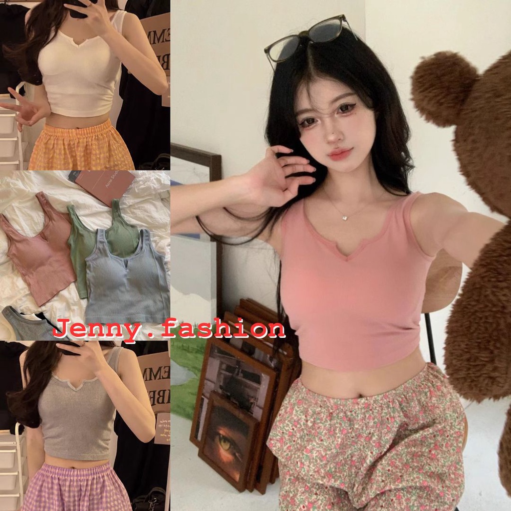 🌟Jenny🌟 เสื้อครอปแต่งเว้าคอ แขนกุด มีฟองน้ำ สีพื้น ใส่สบาย #H19