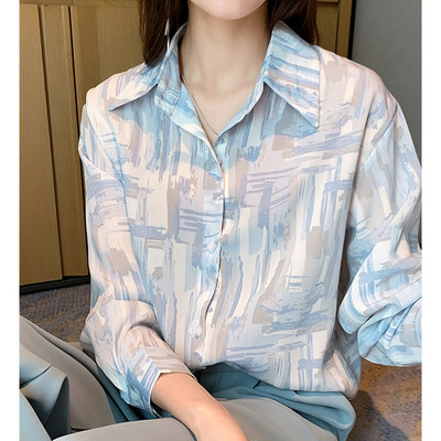 เสื้อชีฟองเสื้อผ้าผู้หญิงสไตล์วินเทจสไตล์ฮ่องกงคนส่วนน้อยเสื้อโปโลทอดสตรีทเสื้อทรงหลวมพิมพ์ลายสไตล์เกาหลีกำมะหยี่ I ieyu