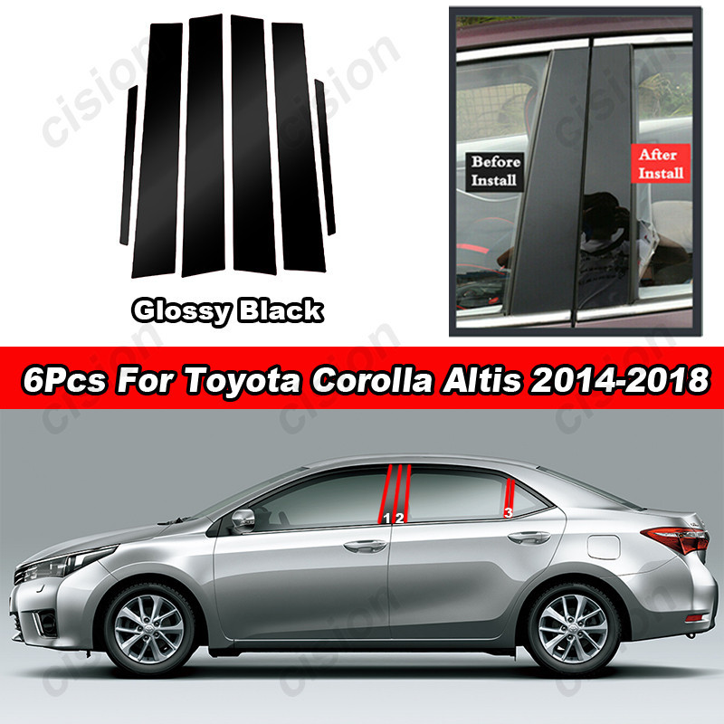 สติกเกอร์คาร์บอนไฟเบอร์ ติดเสาประตู หน้าต่างรถยนต์ สีดํา สําหรับ Toyota Corolla Altis 2014-2018 6 ชิ้น