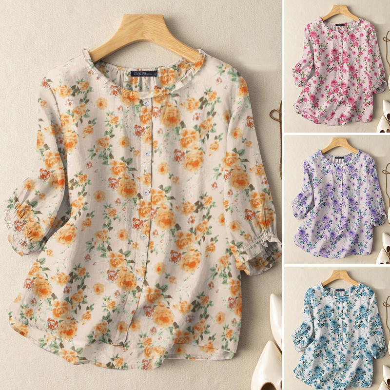 เสื้อเบลาส์ คอกลม แขน 3/4 พิมพ์ลายดอกไม้ แฟชั่นสไตล์เกาหลี สําหรับผู้หญิง
