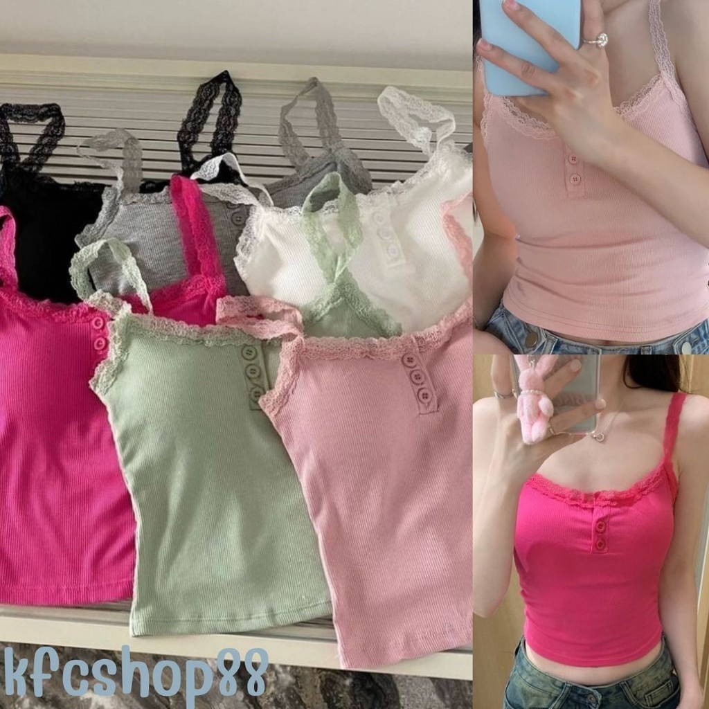 พร้อมส่ง เสื้อสายเดี่ยวลูกไม้ แฟชั่น น่ารัก มีฟองน้ำ กระดุมติดได้จริง#H20