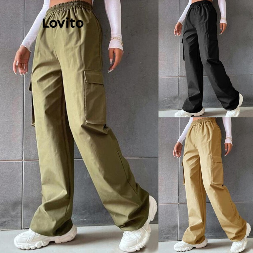 Lovito กางเกงผู้หญิง มีกระเป๋า สีพื้น สไตล์หรูหรา LNL50238