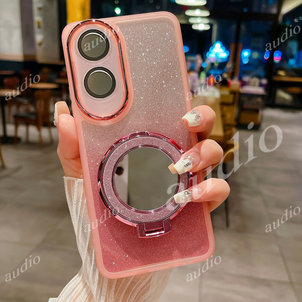 Glitter Blingกระจกแม่เหล็กBracketเคสโทรศัพท์สําหรับOppo a60 a60 60A OppoA60 4Gเลนส์กล้องเต็มฟิล์มป้องกันGlitterเคสโทรศัพท์พร้อมขาตั้งเดสก์ท็อปแหวนนิ้ววงเล็บ