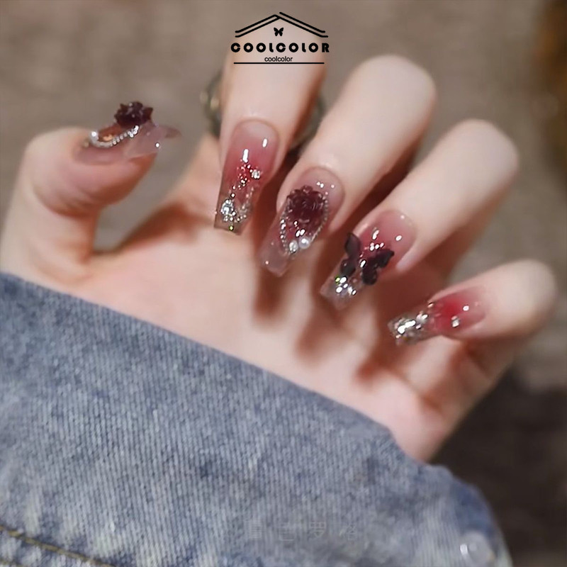 ในไทย💖เล็บปลอมทรงสี่เหลี่ยมสีพื้นมุกผีเสื้อฝังเพชรมีกาวระดับไฮเอนด์แฟชั่นสําหรับผู้หญิงนำกลับมาใช้ซ้ำได้ ชุด 24 ชิ้น - รูปที่ 3