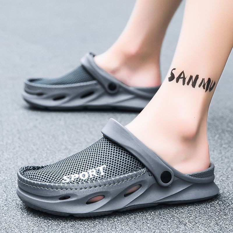 Extraordinary 2024 Lazy Hole รองเท้าครึ่งรองเท้าแตะผู้ชายฤดูร้อนสวมใส่ด้านนอกพื้นผิวตาข่าย Anti-slip Soft Sole กีฬาขับรถ Dual