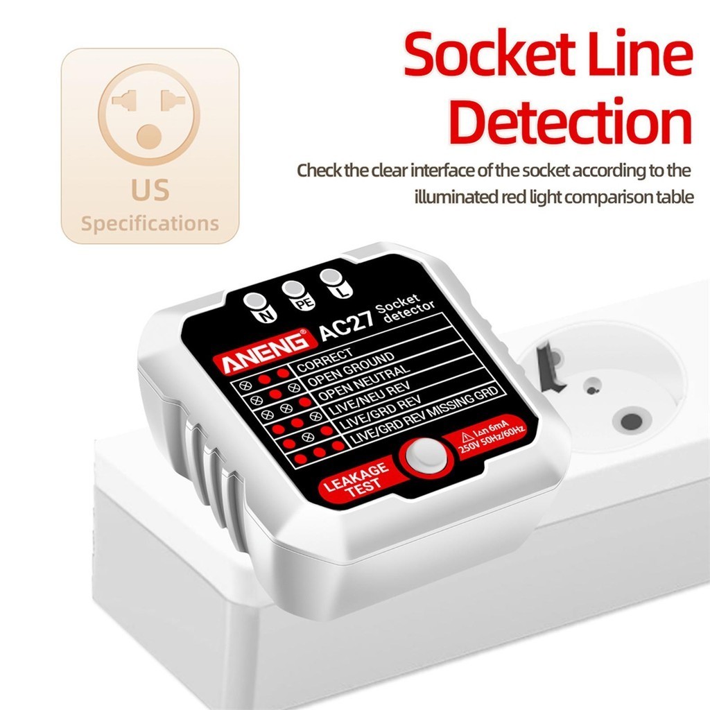 [Whgirld8 ] 6xoutlet Tester วงจรสายไฟ Polarity Checker Socket Tester สีขาว