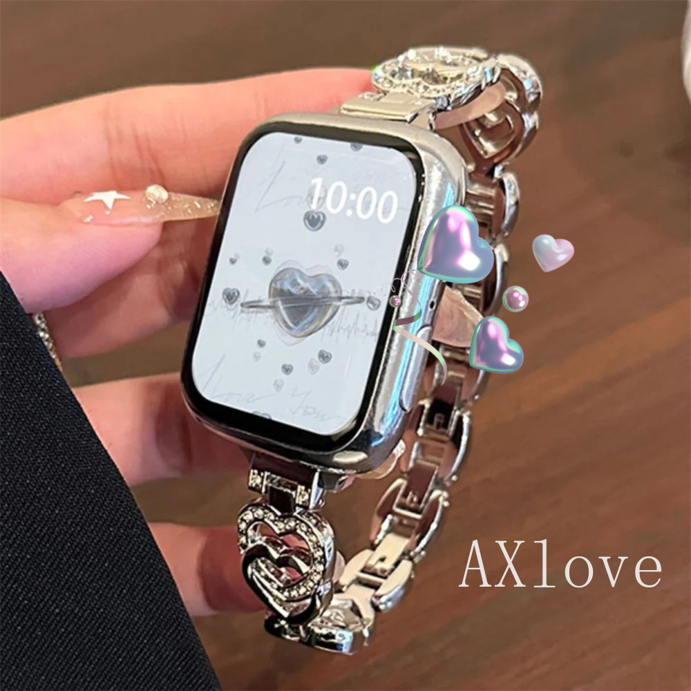 Luxury Love Heart เพชรโลหะสําหรับ Apple Watch 49 มม.9 8 Ultra2 7 6 5 SE 4 3 S11 สําหรับ iWatch 41/45/40 มม.38 มม.44 มม.42 มม.สร้อยข้อมือสแตนเลส