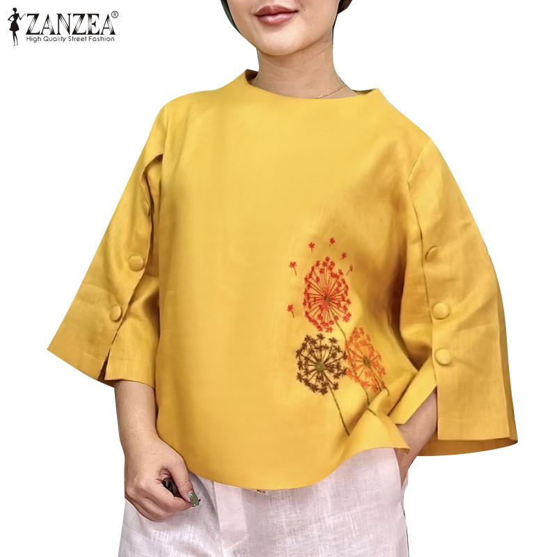 Zanzea ผู ้ หญิงเกาหลีลําลอง 3/4 แขนลูกเรือคอเย ็ บปักถักร ้ อยพิมพ ์ เสื ้ อหลวม