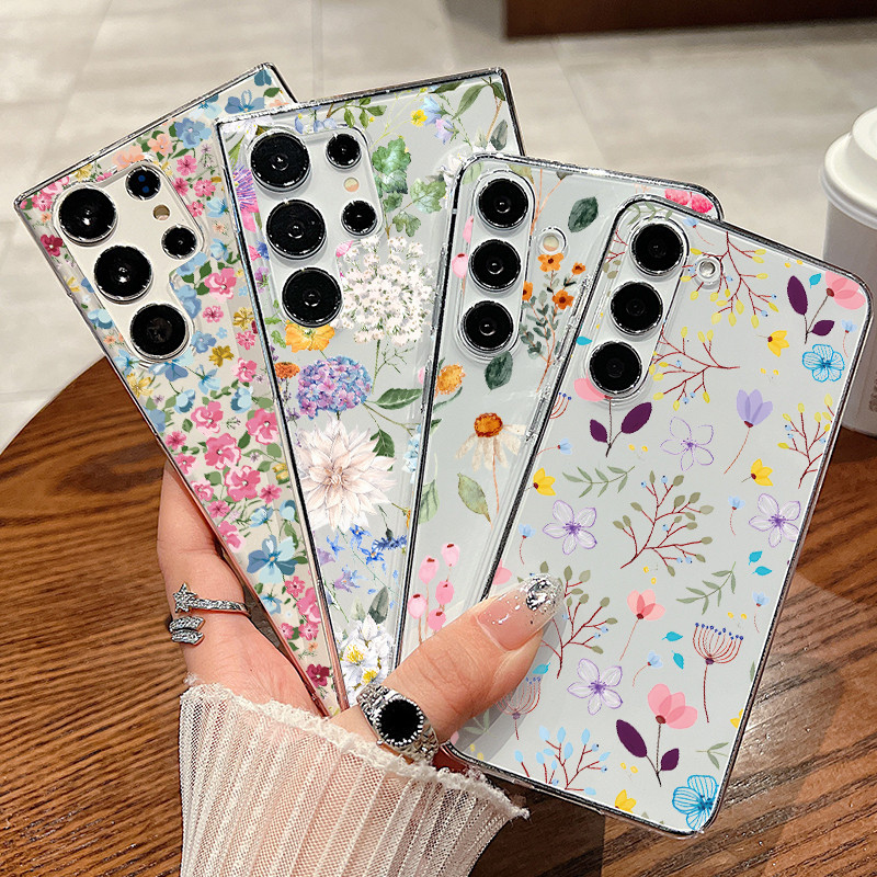 Samsung S22 ULTRA S21 FE S24PLUS ลายดอกไม ้ ขนาดเล ็ กขอบตรงป ้ องกันการตกเคสโทรศัพท ์ หญิงทนทาน