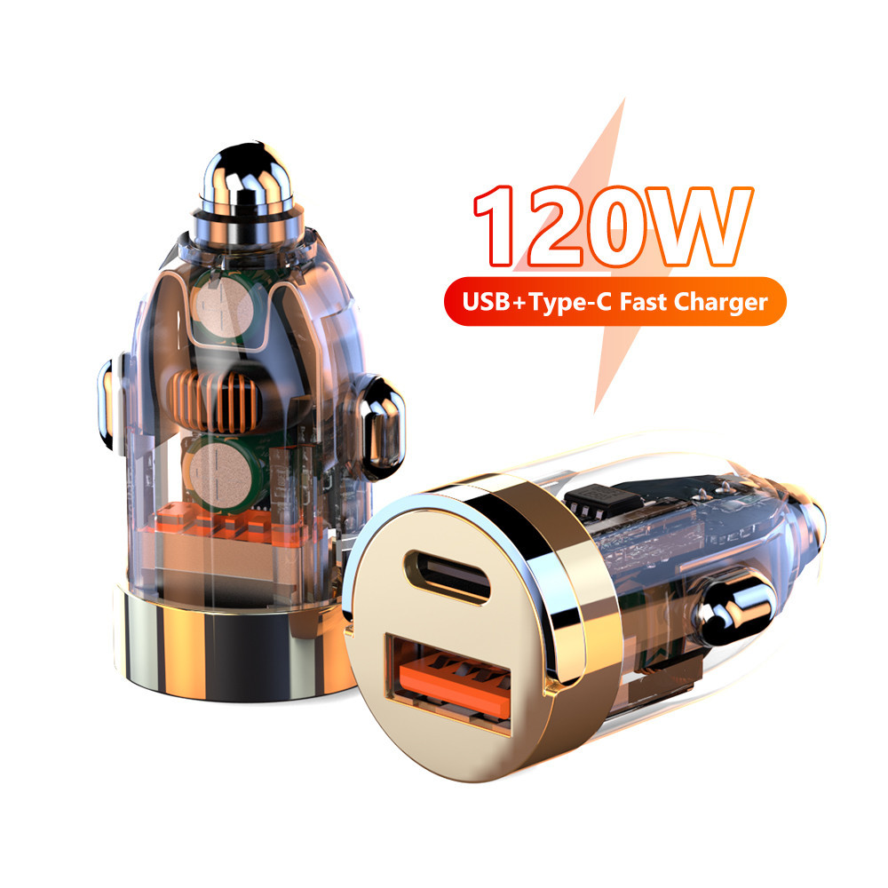 Twitch 120W Mini USB Car Charger Super Fast Charging PD Car Charger หัวที่มองไม่เห็นโปร่งใสรถชาร์จรถบุหรี่ไฟแช็กสําหรับ Huawei Xiaomi