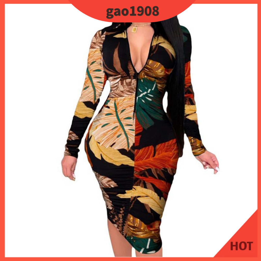 Gao * Vintage ผู ้ หญิงแขนยาว Leaf พิมพ ์ ลึก V คอซิป Bodycon Midi Party Dress