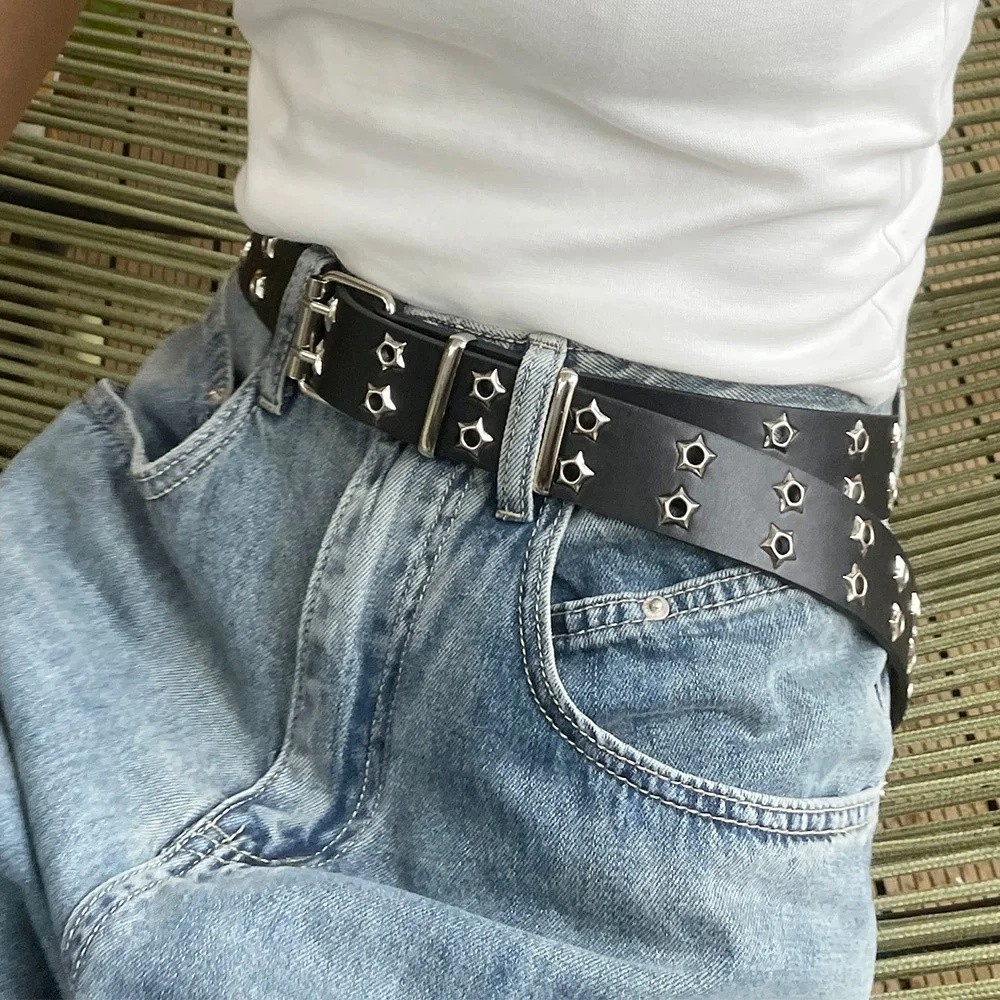 Y2k Star Eye Rivet เข็มขัด Punk Hollow Double Pin Buckle เข็มขัดผู้หญิงแฟชั่นอเนกประสงค์ Casual Pu หนังเข็มขัดเอวอุปกรณ์เสริม - รูปที่ 2