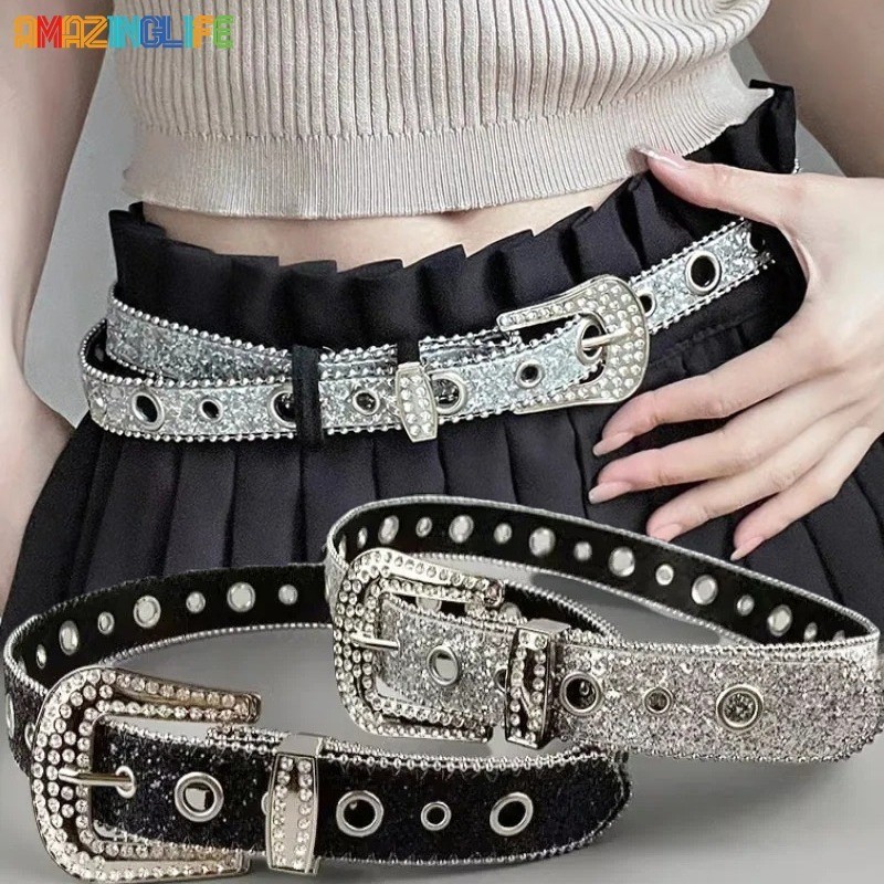 แฟชั่นหวาน Full Rhinestone เข็มขัดผู้หญิง- Y2K สไตล์ PU หนัง Spice Girls Girdle- Punk Retro ปรับขาหัวเข็มขัดเอว