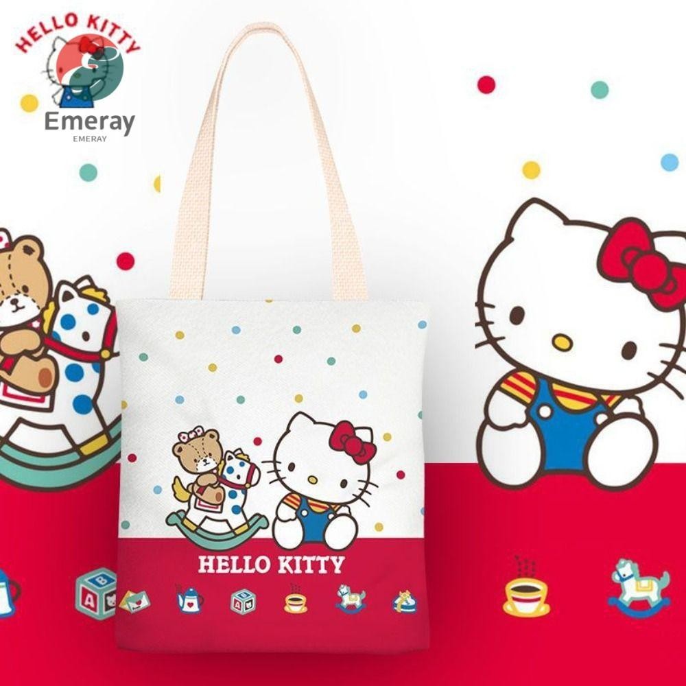 Emeray กระเป๋าสะพายผ้าแคนวาส Hello Kitty แบบพกพา, กระเป๋าช้อปปิ้งการ์ตูนน่ารักแมวความจุขนาดใหญ่กระเป๋าโท้ทผู้หญิง