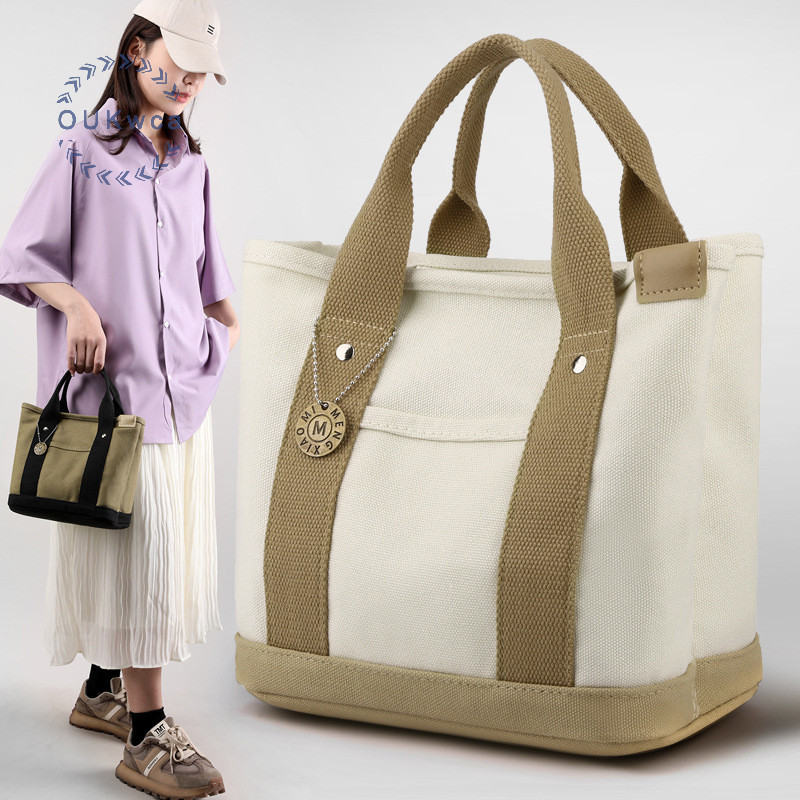 Oukwca Canvas Tote Bag แบบพกพาความจุขนาดใหญ ่ Leisure Lunch Bento Bucket Bag Multi-divided Handbag ใหม ่