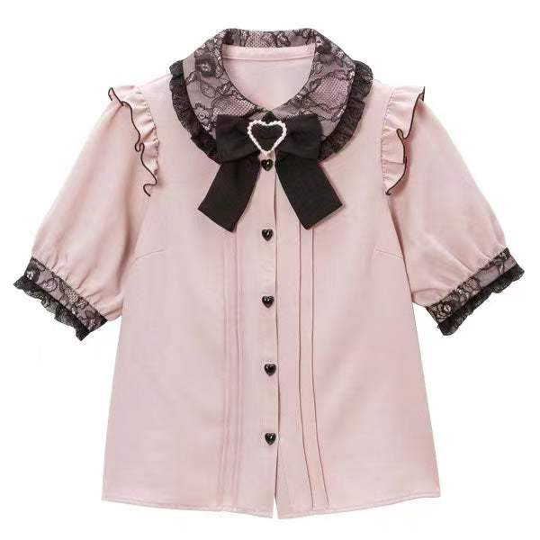 ญี ่ ปุ ่ น Jirai-kei Lolita Top Lace Pearl heart Bow เสื ้ อแขนสั ้ น