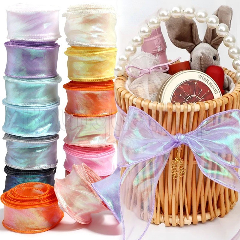 [ ที่โดดเด่น ] ริบบิ้นเส้นด้ายหางปลา - ริบบิ้นซาตินแฟนตาซี - เส้นด้ายตาข่ายสีทึบ - วัสดุบรรจุภัณฑ์ช่อดอกไม้ - เครื่องประดับโบว์เค้ก - สําหรับตกแต่งงานแต่งงาน