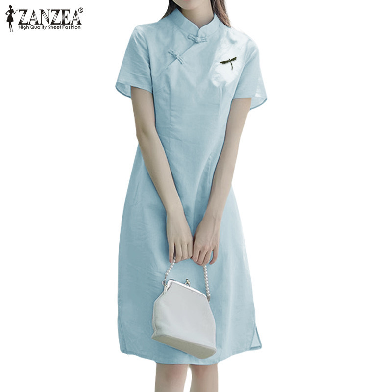 Zanzea ผู ้ หญิงเกาหลีคอปกแขนสั ้ นปักหลวมชุด