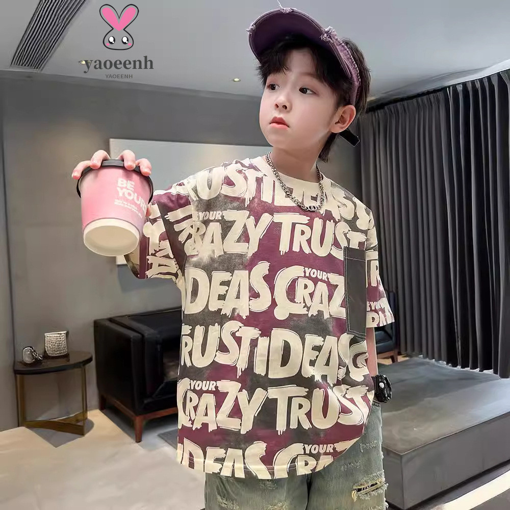 【YAOEENH】120-170 ซม.เด ็ กชายฤดูร ้ อนหลวมตัวอักษรแขนสั ้ นเสื ้ อยืดกลางเด ็ กใหญ ่ แฟชั ่ น Quick-Drying All-Ma