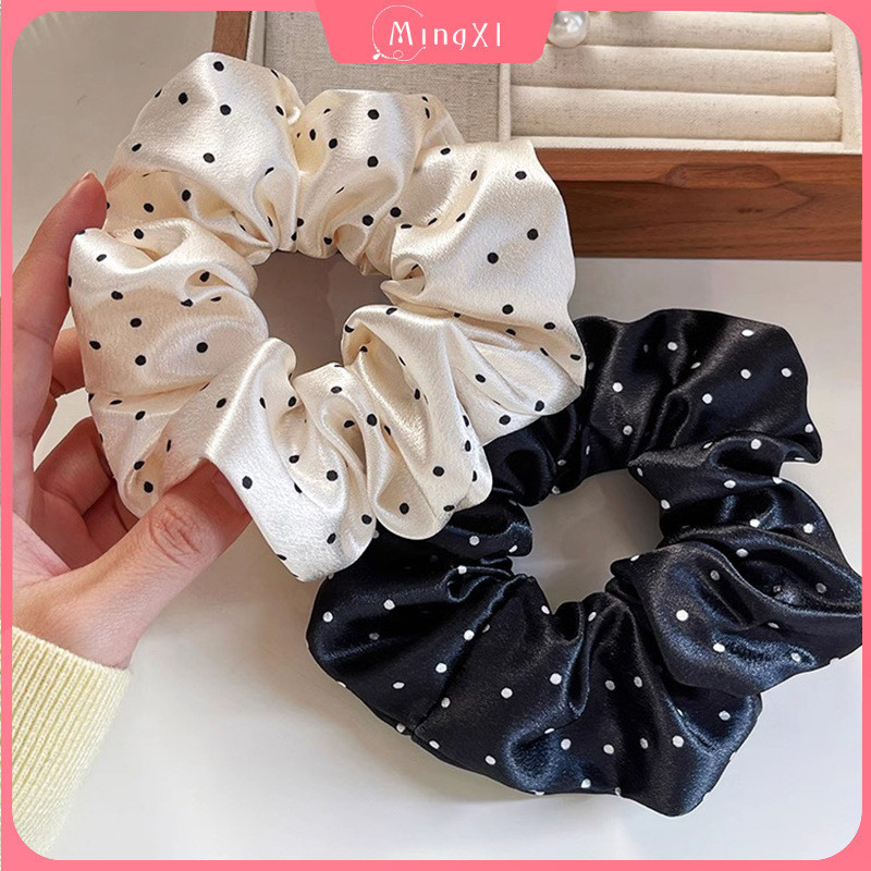 ตาข่ายสีขาวลายจุดขนาดใหญ่ลําไส้ผูกผมผู้หญิงเกาหลี อิน ซาตินผมหางม้าที่สง่างามแฟชั่นเชือกผมอุปกรณ์ผม