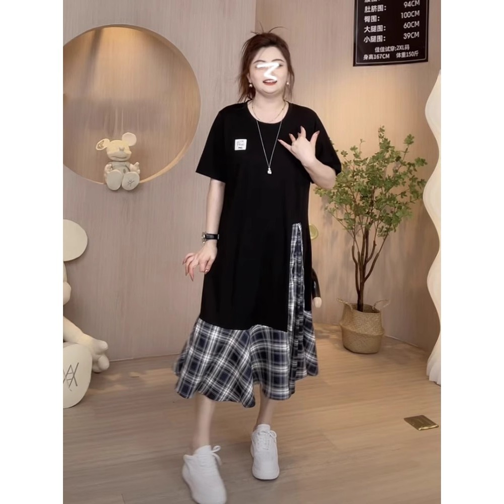 【 เดรสโอเวอร ์ ไซส ์ 】 ชุดเดรสมิดิแขนสั ้ นประกบลายสก ๊ อตสองชิ ้ นปลอมไม ่ สม ่ ําเสมอขนาดบวก - รูปที่ 2