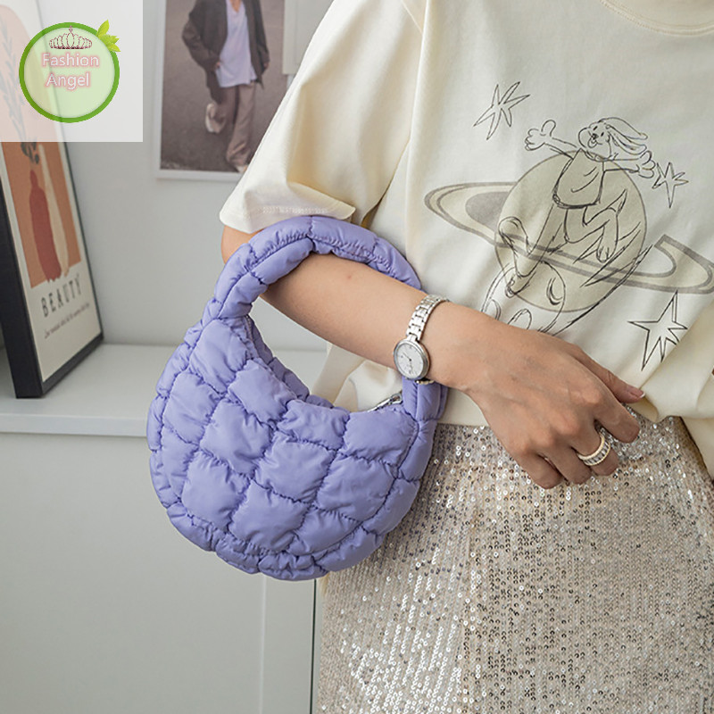 Fashionangel แฟชั่น Mini Puffer Tote กระเป๋า Quilted วงกลมกระเป๋าโทรศัพท์ Elegant สีม่วงไนลอนนุ่มเบาะกระเป๋าแนวโน้มกระเป๋าถือ VN