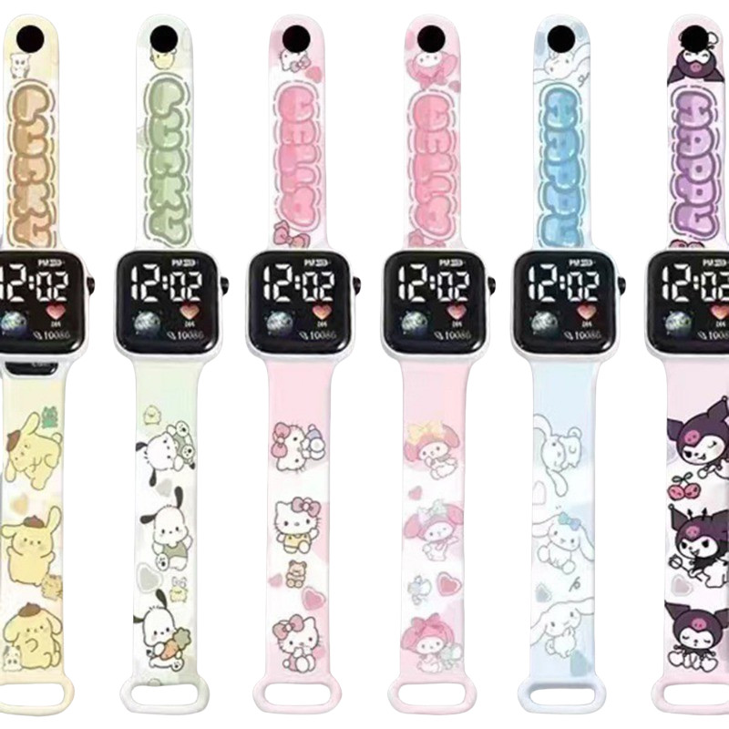 Sanrio Kuromi Led นาฬิกาสําหรับเด็กสาว Square Dial สายซิลิโคนการ์ตูน Melody Cinnamoroll นาฬิกาอิเล็กทรอนิกส์สําหรับของขวัญเด็ก