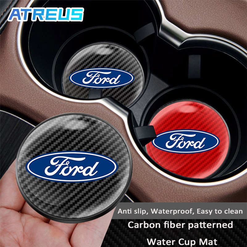 1/2ชิ้น Ford แผ่นรองแก้วน้ำในรถ​​ แผ่นรองขวดน้ำในรถยนต์ กันลื่น คาร์บอนไฟเบอร์ แผ่นรองแก้วเครื่องดื่ม สำหรับ Ford Ranger Raptor Everest Fiesta Focus Mustang Escape Ecosport STI
